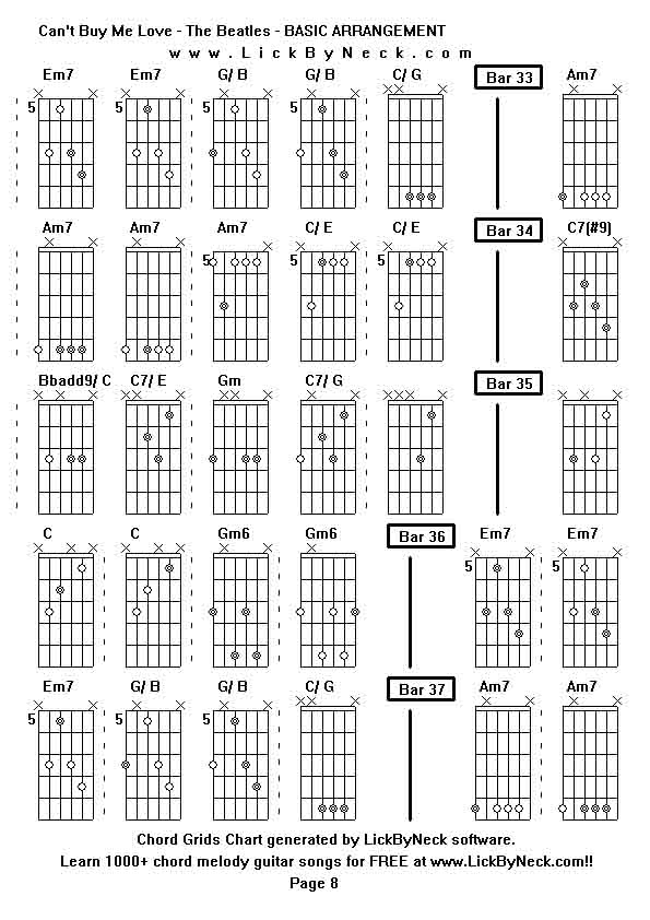 Chord Grids Chart of chord melody fingerstyle guitar song-Can't Buy Me Love - The Beatles - BASIC ARRANGEMENT,generated by LickByNeck software.